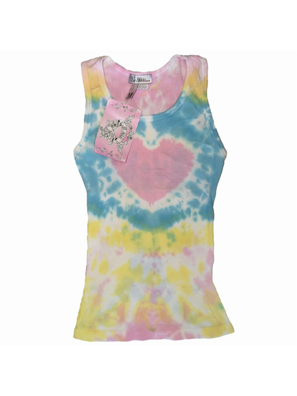 NOS Vintage Y2K Women's Medium So Nikki Tie Dye Tank Top Blue/Pink/White Heart
